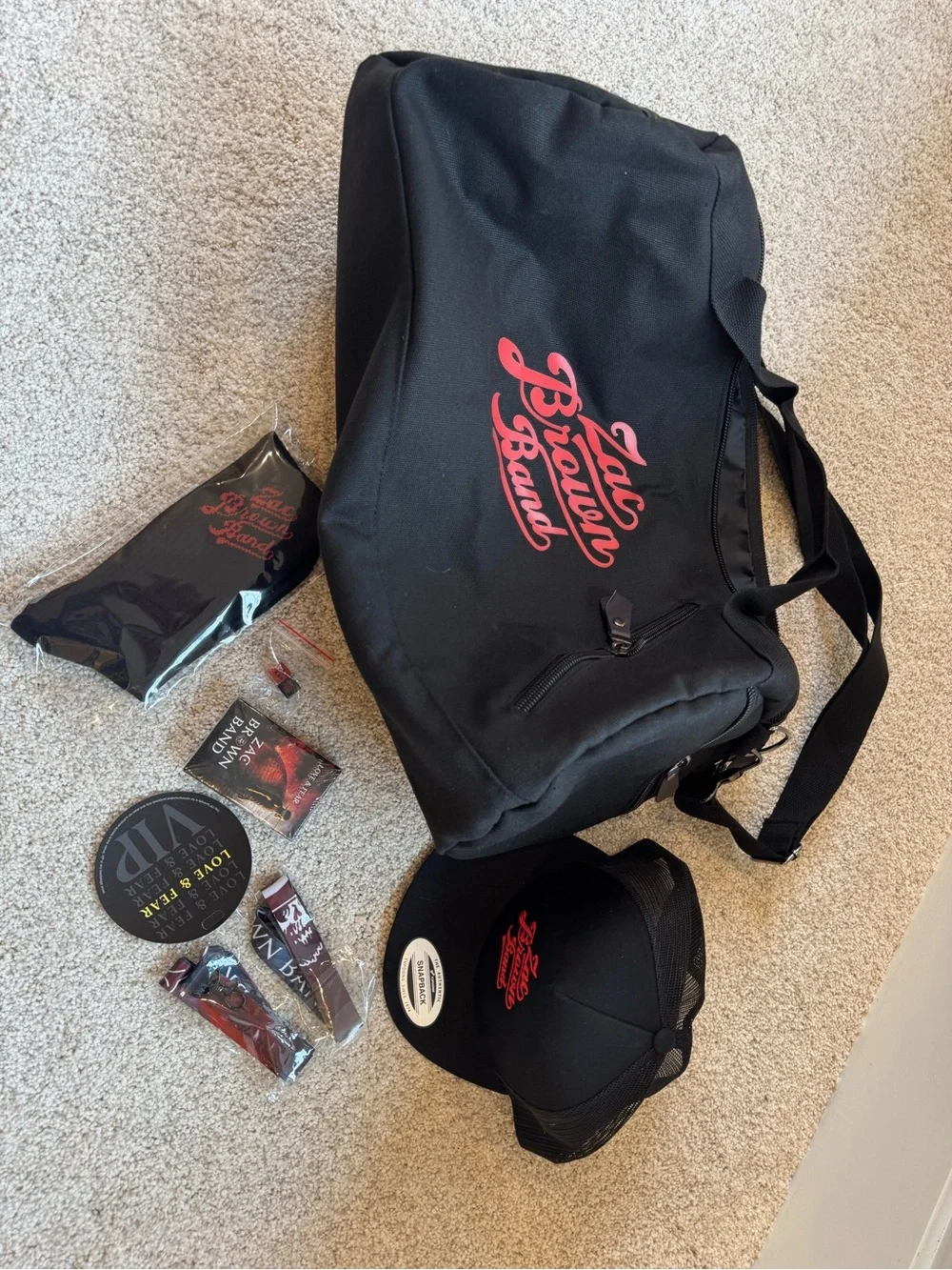 Zac Brown Band Black Duffel Bag with Matching Trucker Hat, socks and accessories