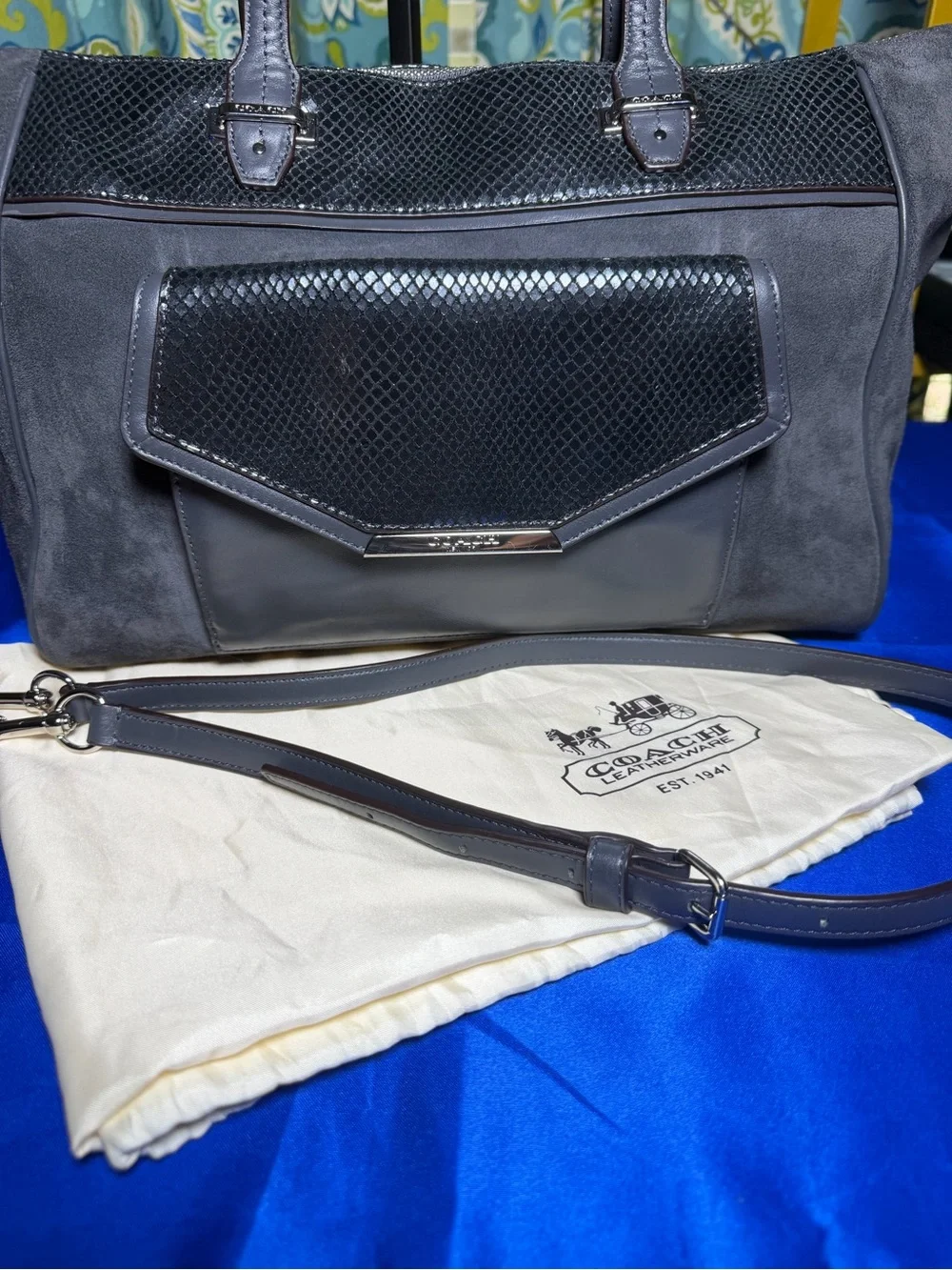 COACH Taylor Tote Charcoal Grey with Snakeskin Leather & Suede Bag