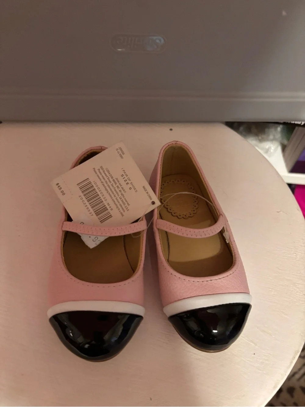 Girls Pink Mary Jane Dress Shoes with Black Patent Cap Toe