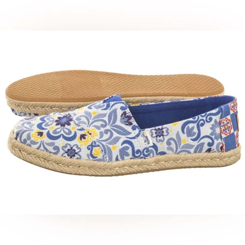 TOMS Women’s Alpargata Rope Espadrilles in Blue Mediterranean Tiles Print Sz 7