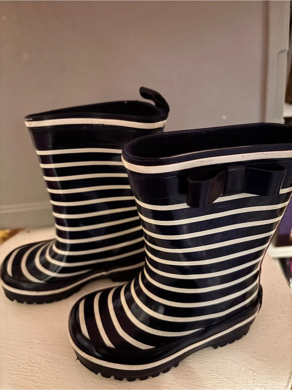 Janie and Jack Navy and White Striped Kids Rain Boots with Bow