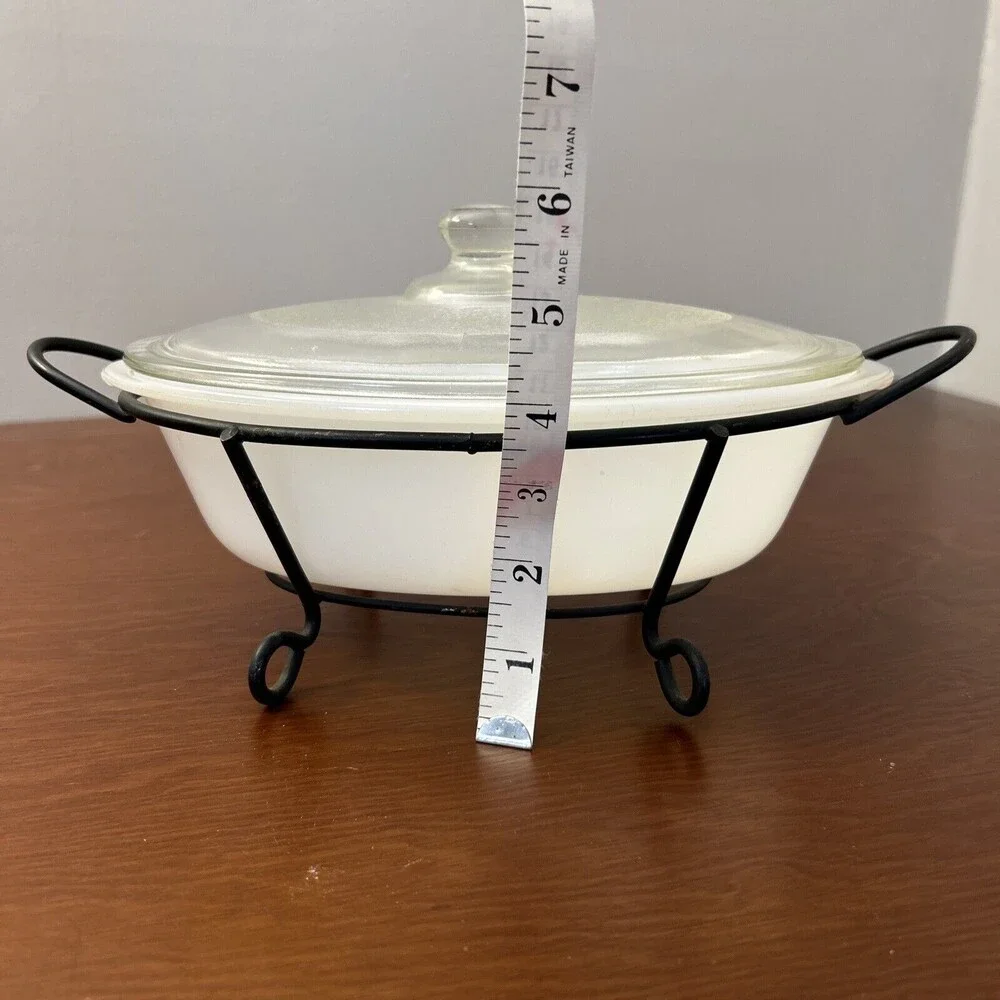 Vintage Glasbake 1 Qt. White Pot w/ metal Stand and lid