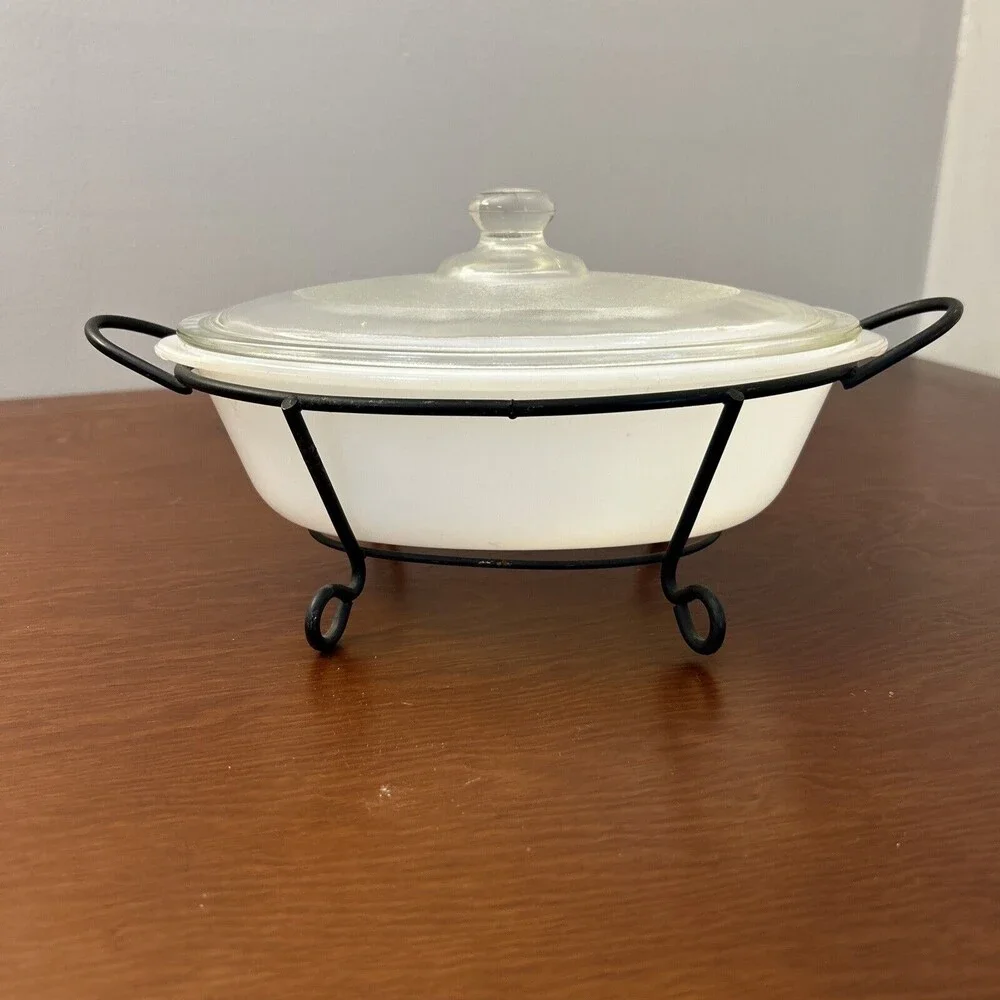 Vintage Glasbake 1 Qt. White Pot w/ metal Stand and lid