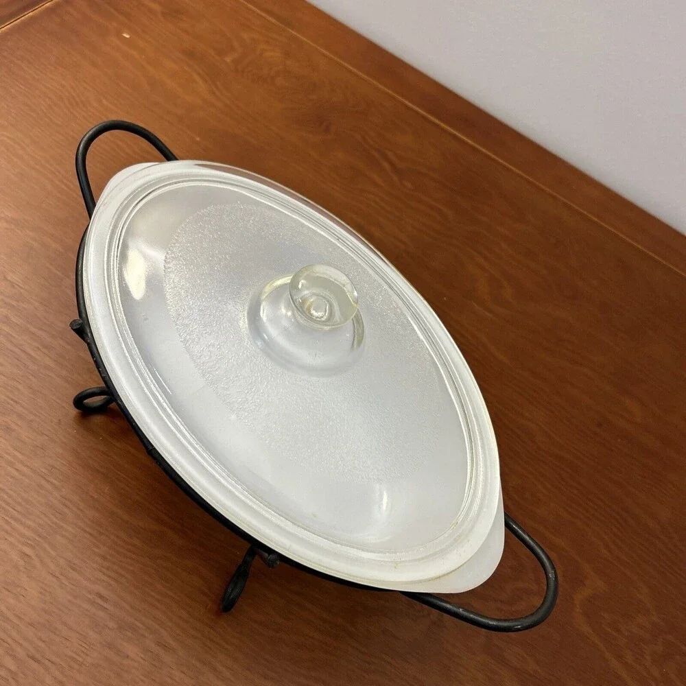 Vintage Glasbake 1 Qt. White Pot w/ metal Stand and lid