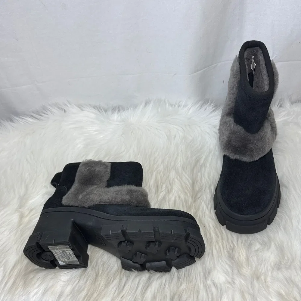 UGG Plush NWOT‎ Brooklyn Sunburst Black/Gray Wool Blend Fur Trim Boot Sz 11