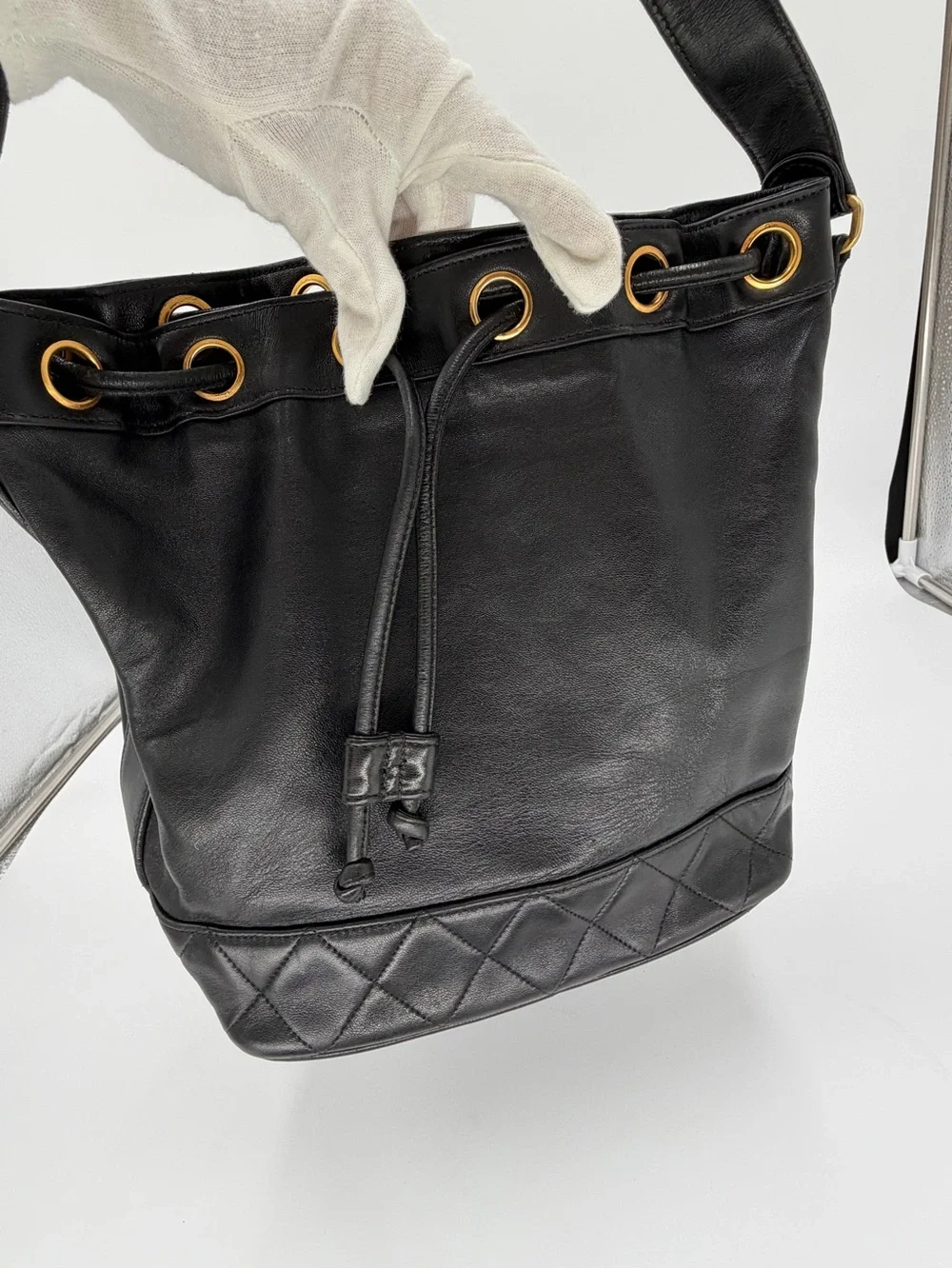 🖤💛CHANEL Black Lambskin Bucket Bag with Gold Chain W/Dust Bag and Entrupy COA