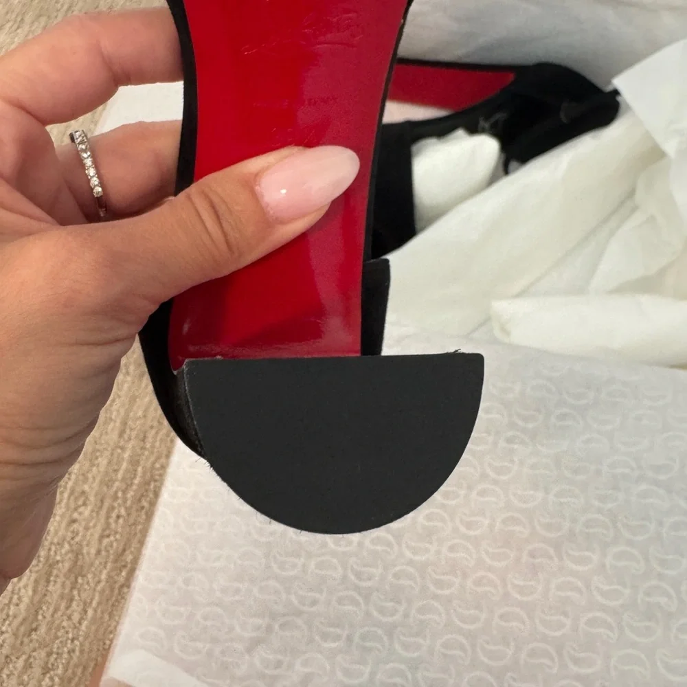 Christian Louboutin Black Suede Platform Peep-Toe Heels with Red Sole