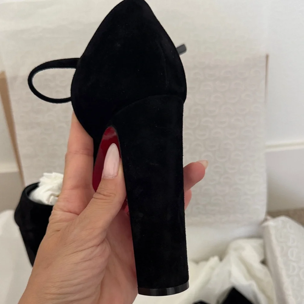 Christian Louboutin Black Suede Platform Peep-Toe Heels with Red Sole