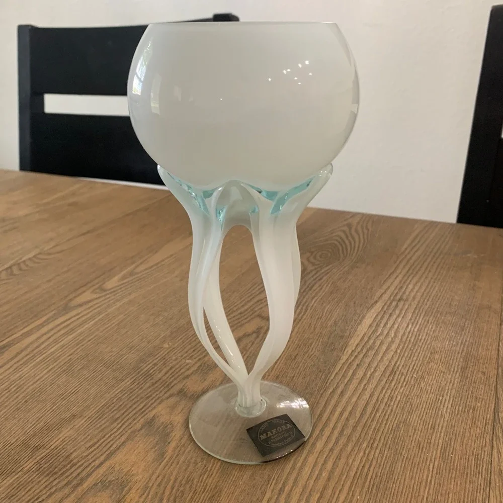 Makora Krosno Poland Hand Blown Glass Jellyfish Vase White Blue Art Glass 9