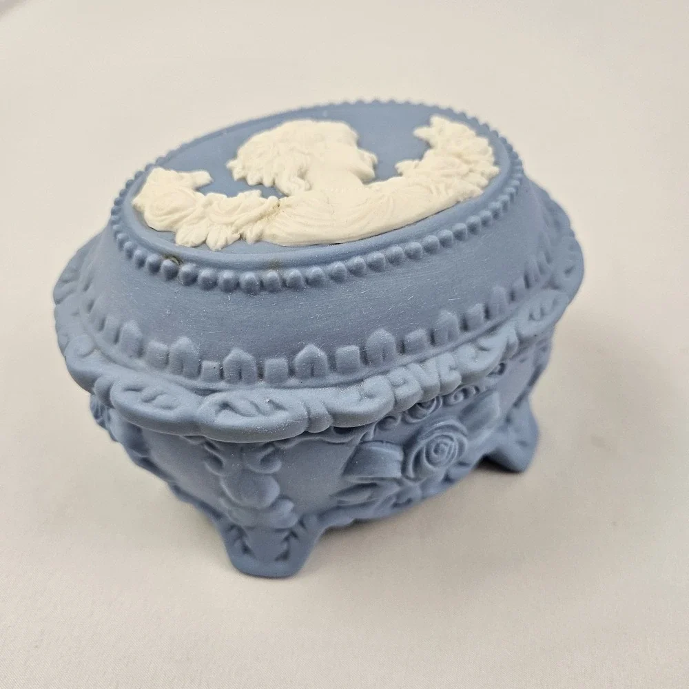 Vintage Blue Jasperware Style Trinket Box with White Relief Maiden Cameo
