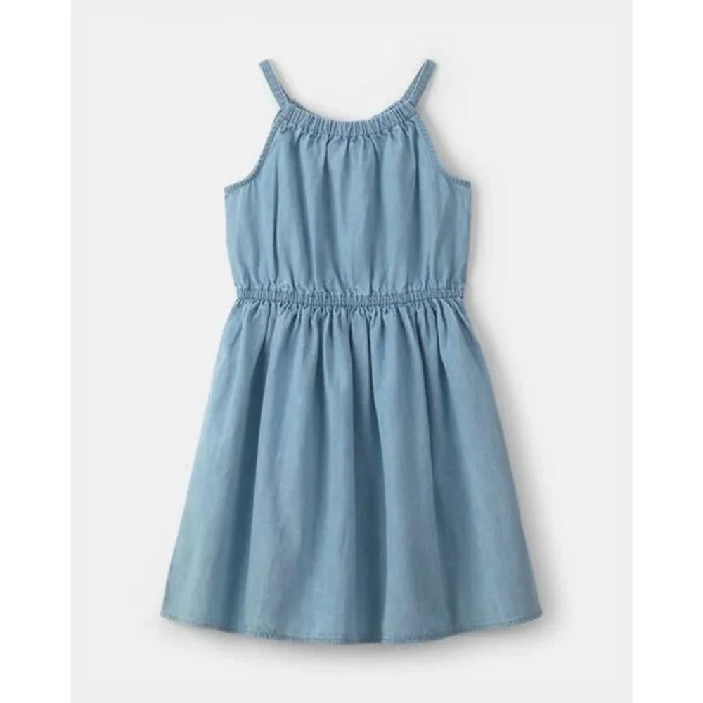 OshKosh Bgosh Girls Blue Chambray Halter Dress Elastic Waist Sleeveless
