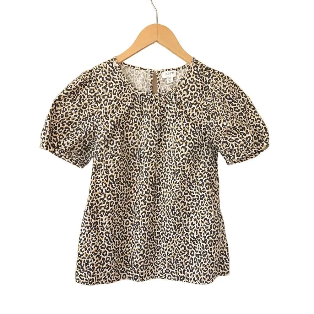 J CREW Leopard Puff-sleeve Top XS (runs big)  Stretch Cotton Poplin Tan Black
