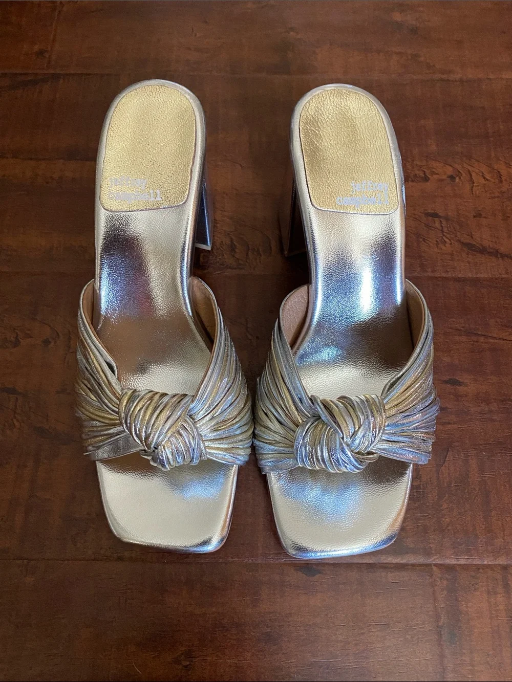 Jeffrey Campbell Metallic Silver-Gold Knot Slide blocked Heels size 7.5