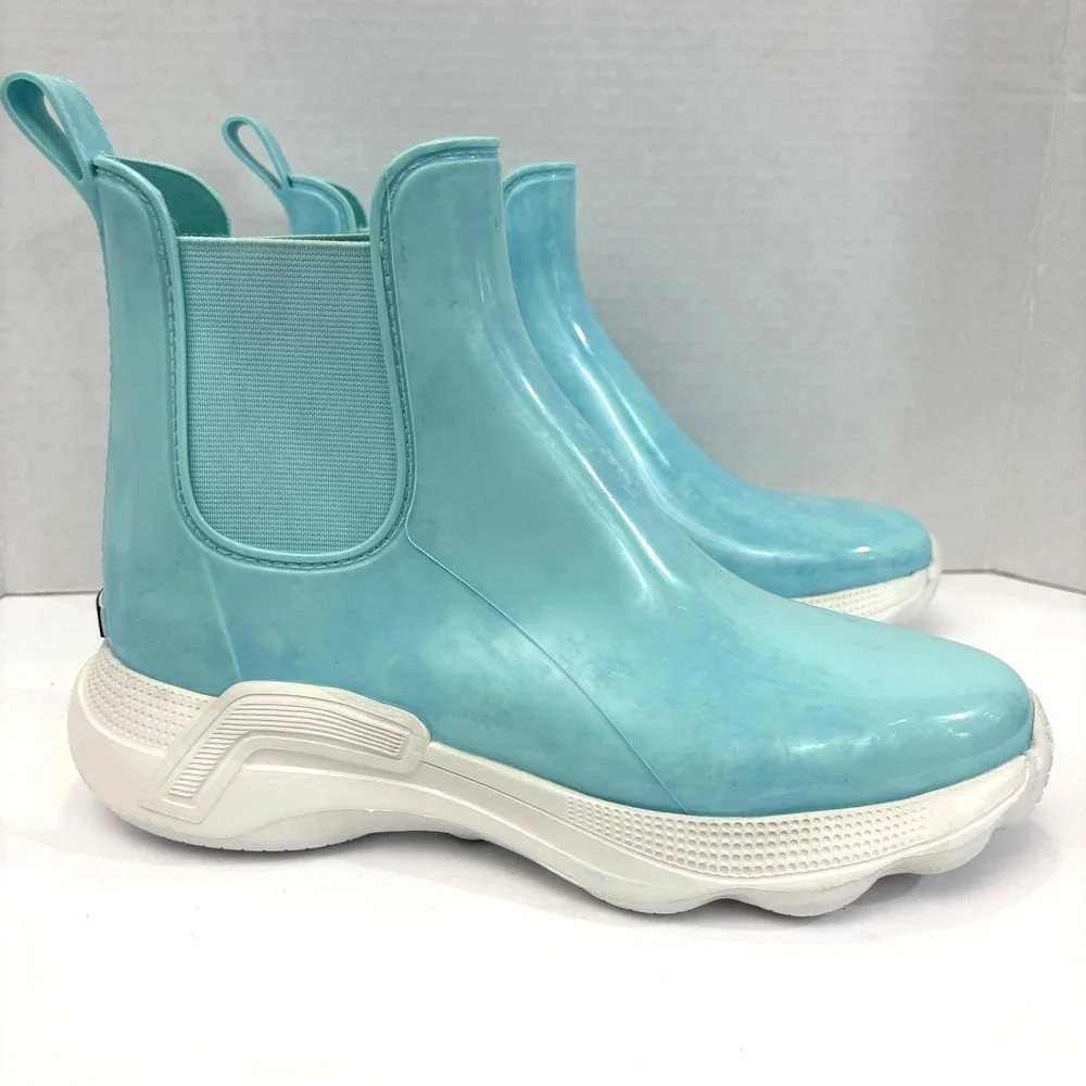 Kenneth Cole Evanna Rain Boots Womens 10 Blue Rubber Waterproof Ankle Chelsea