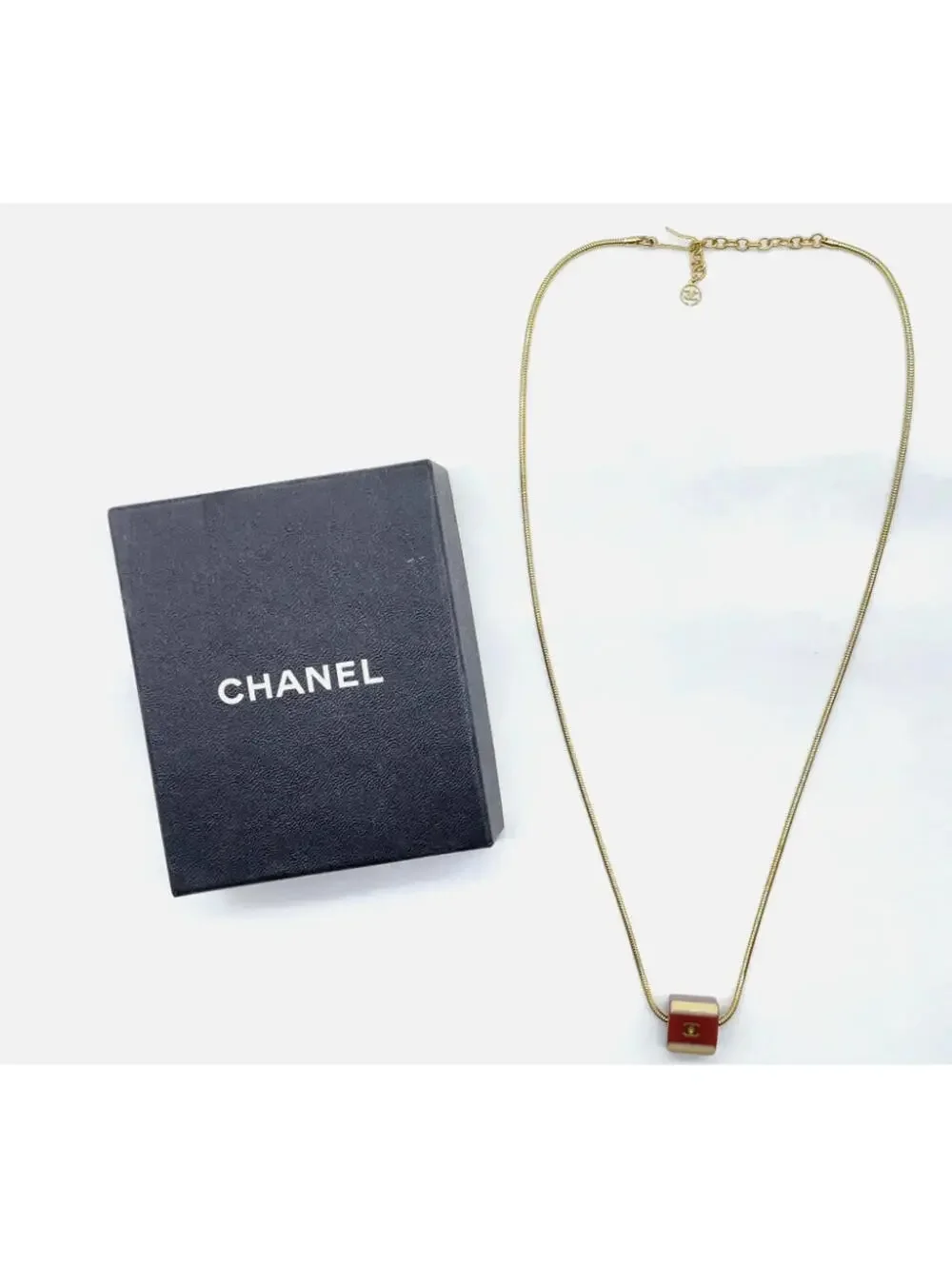 Authentic CHANEL Red Cube Necklace With Box Coco Mark Gold Logo