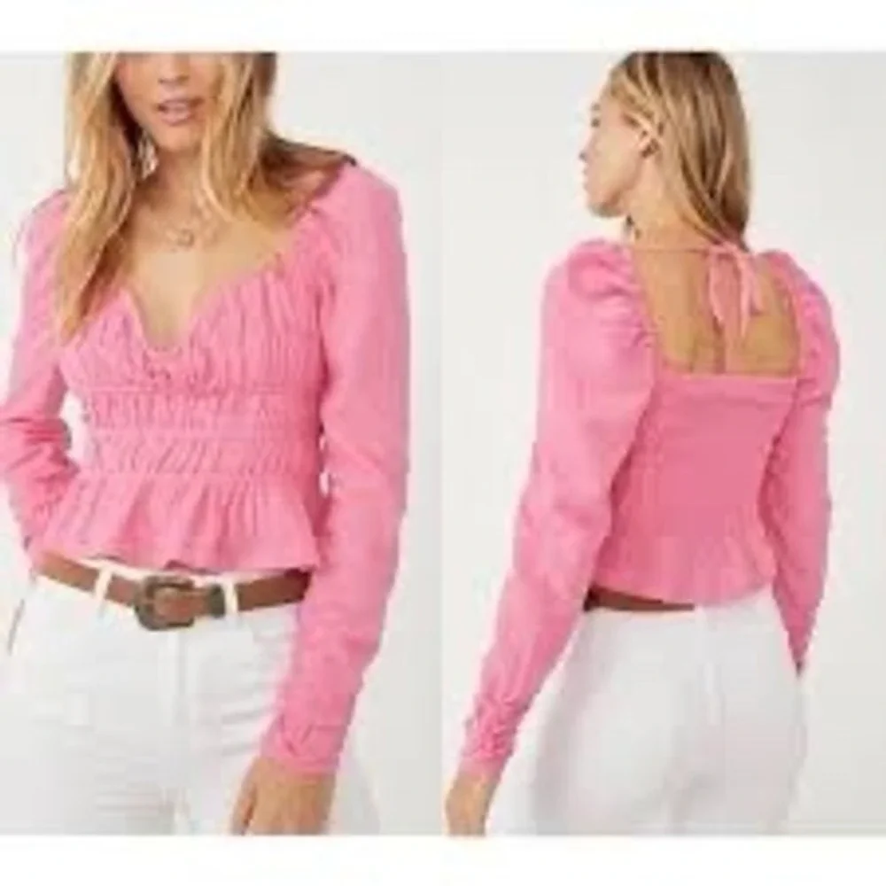 Free People Chloe Top Pink Smocked Long Sleeve Pleated Sweetheart Crop XS NEW