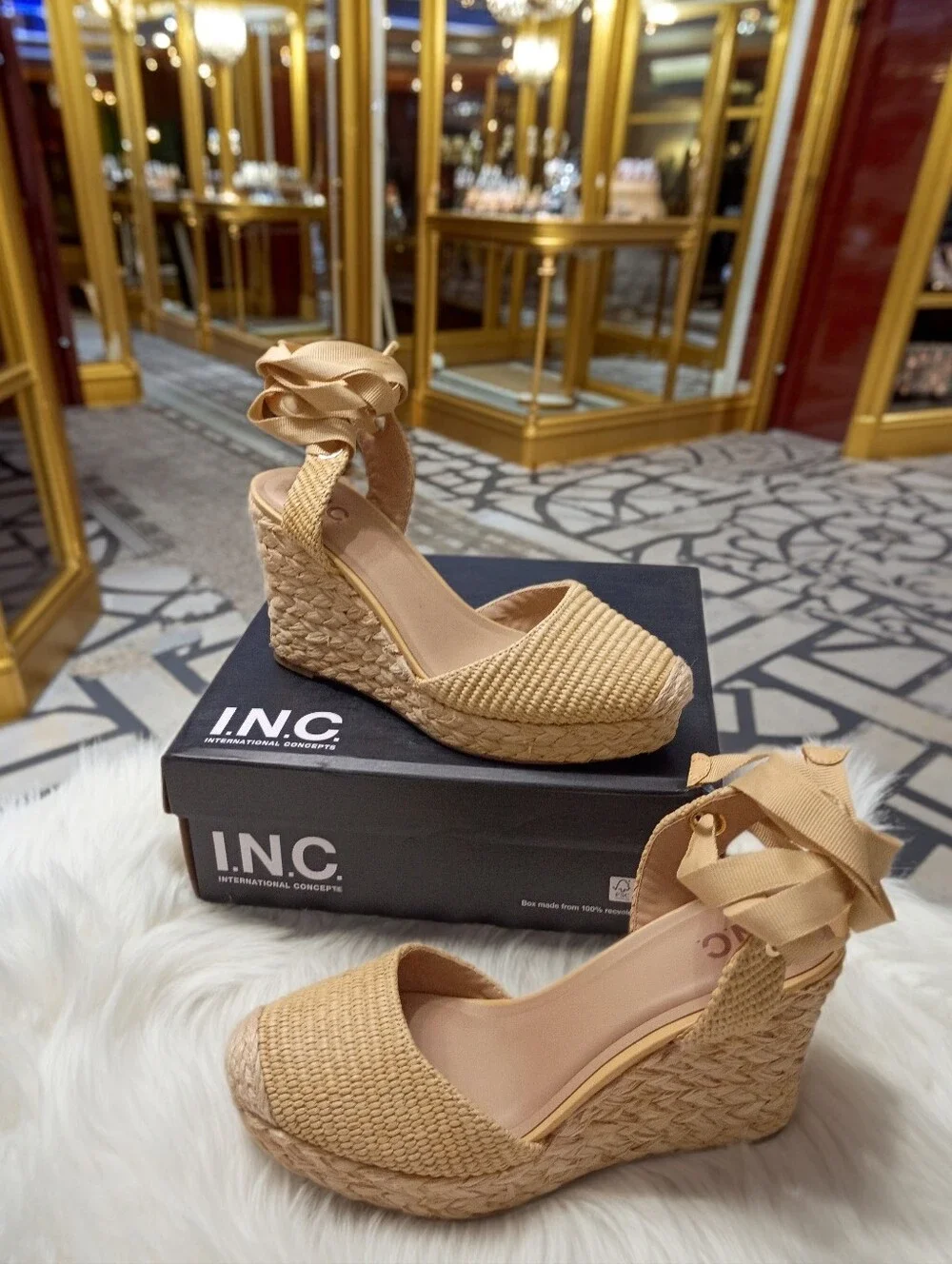 INC International Concepts Tan Woven Espadrille Wedge Sandals with Ankle Ribbon