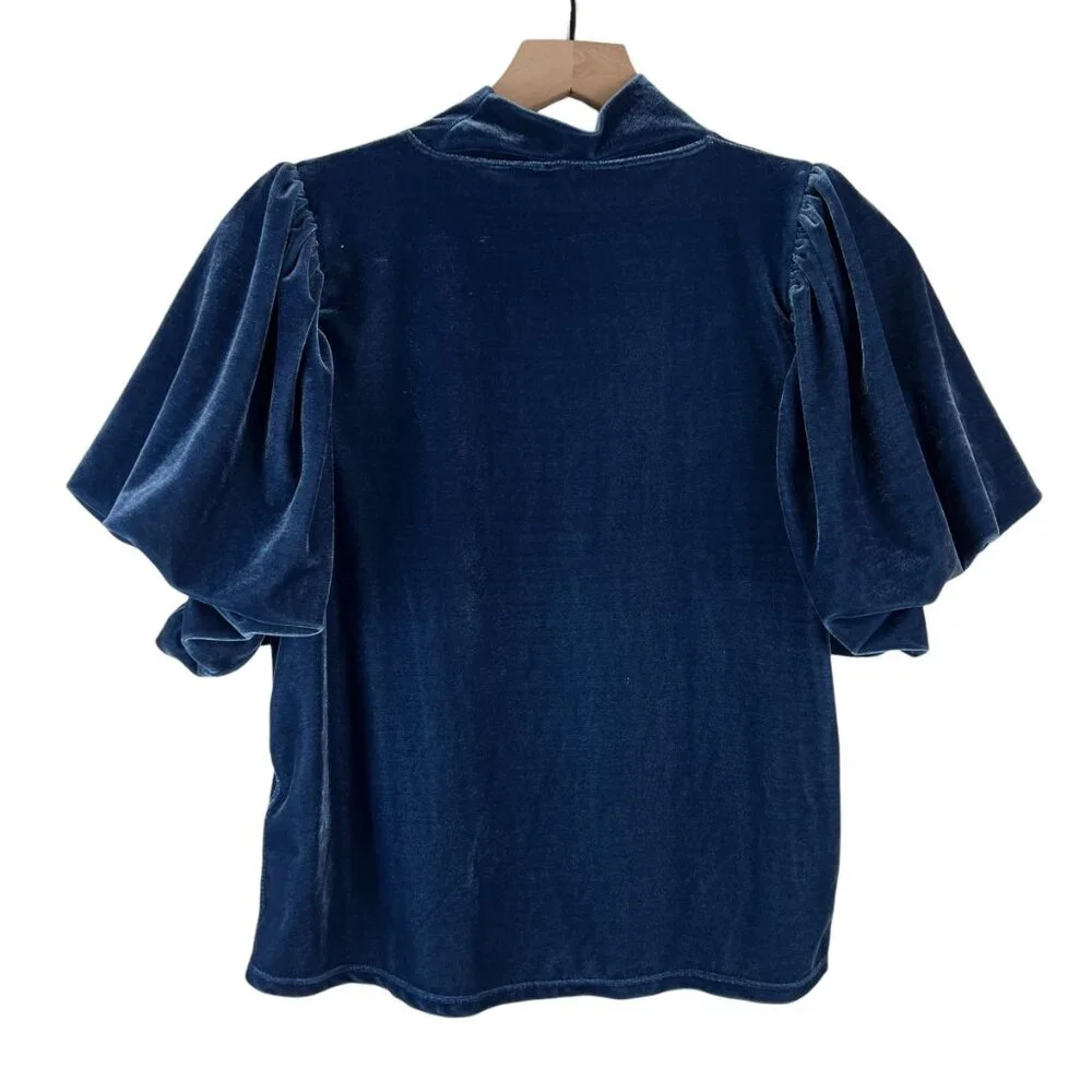 Free People Blue Claudia Short Puff Sleeve Mock Neck Velvet Top