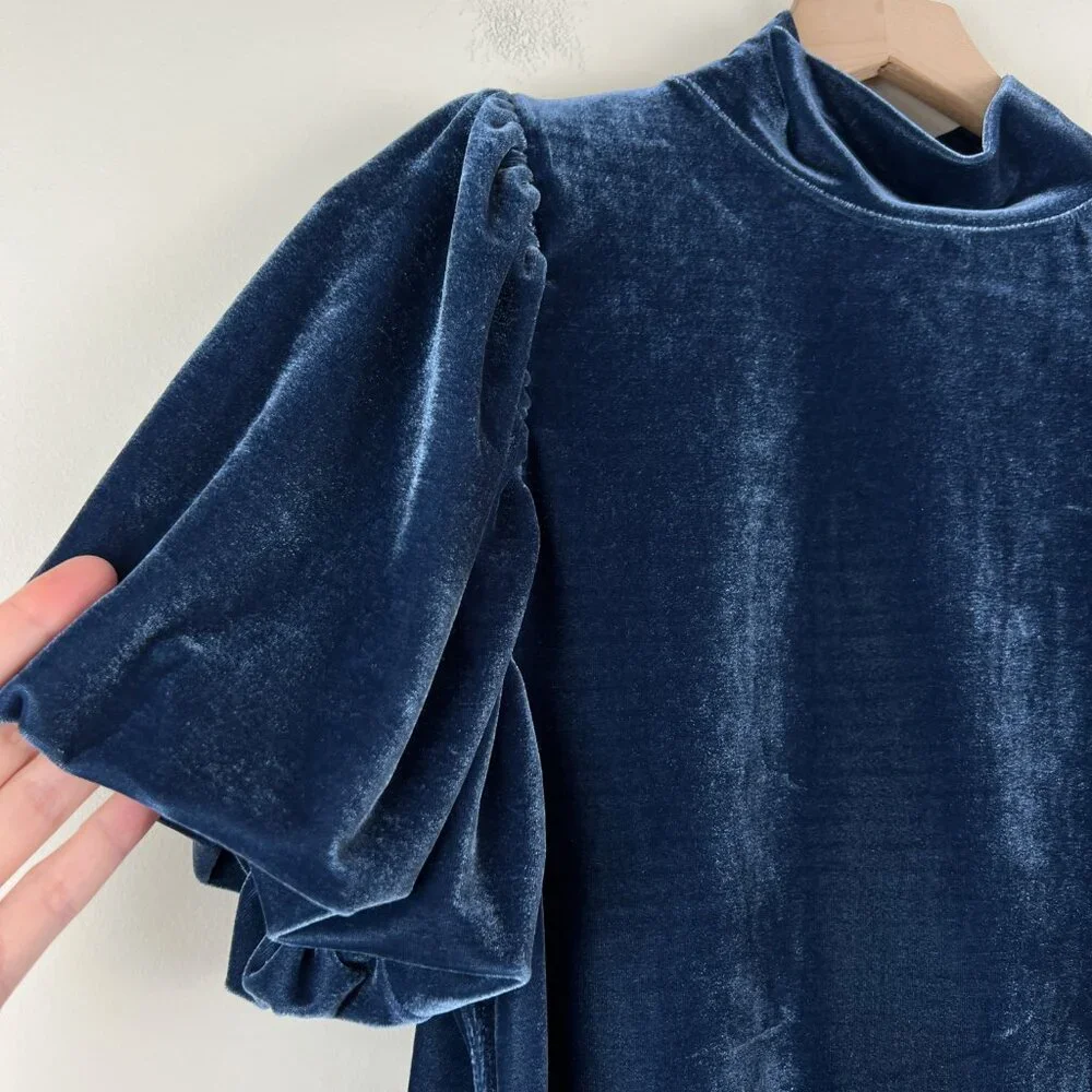 Free People Blue Claudia Short Puff Sleeve Mock Neck Velvet Top