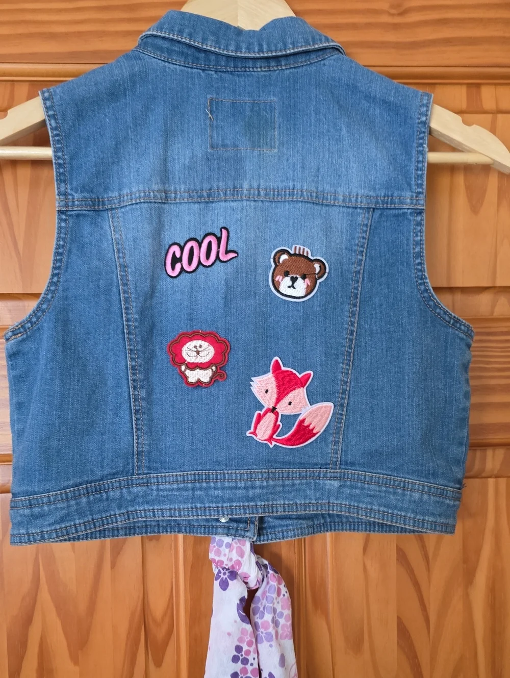 Girl,s Reimiganed Denim Vest with Pink 'COOL' Patch and Fox Appliqué