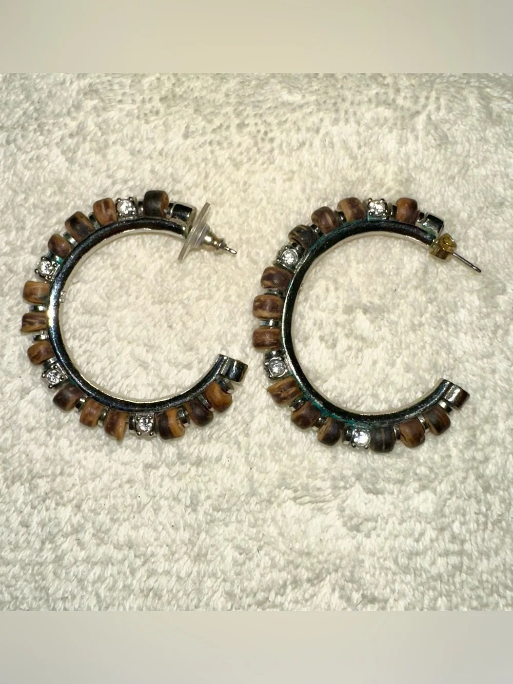 Authentic Givenchy 925 Silver Wood Bead Rhinestone Half Hoop Earrings Y2K