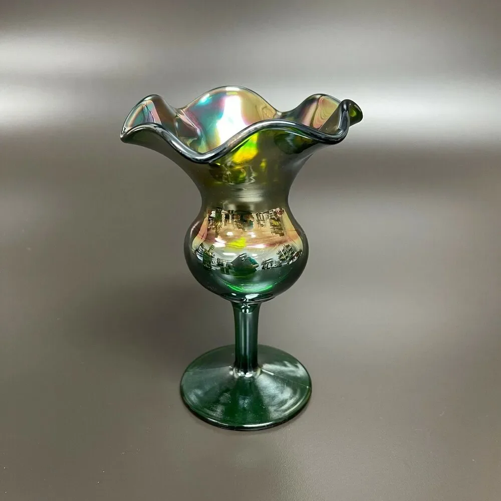 Dugan‎ Glass Green Multicolor Compote Vase Ruffle Tulip 6 3/8