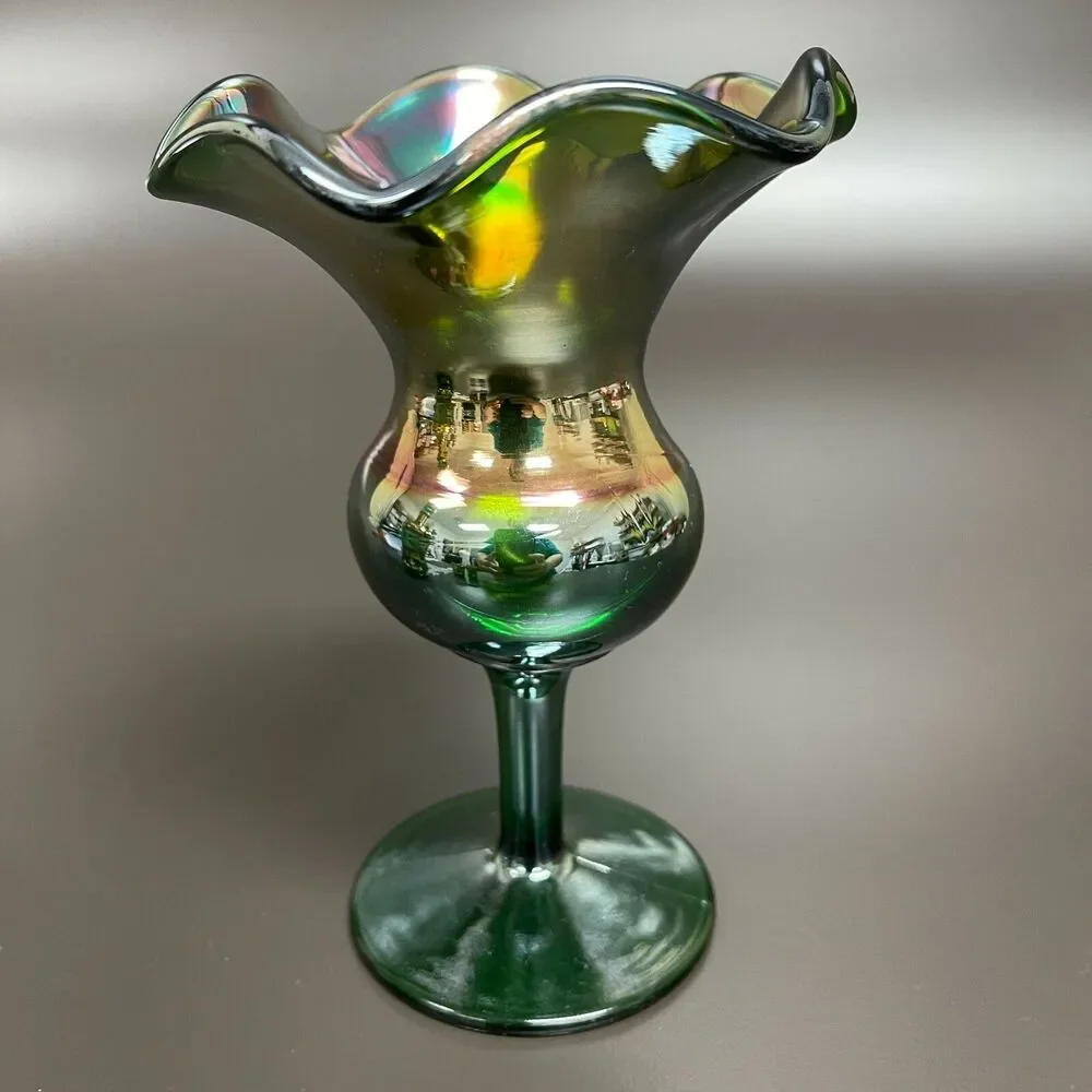 Dugan‎ Glass Green Multicolor Compote Vase Ruffle Tulip 6 3/8