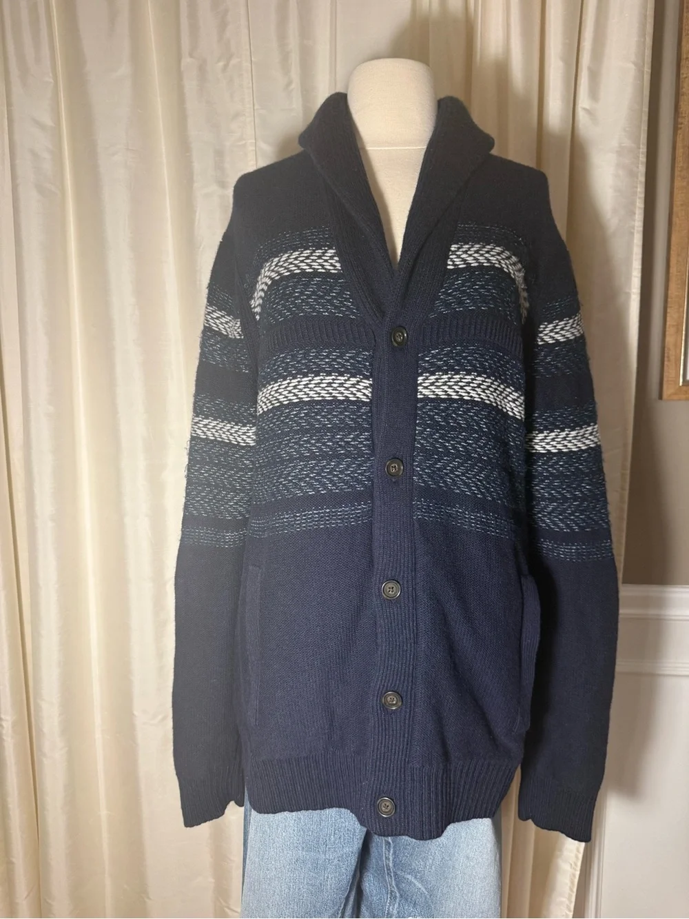 Banana Republic Wool Blend Navy Striped Fair Isle Shawl Collar Cardigan