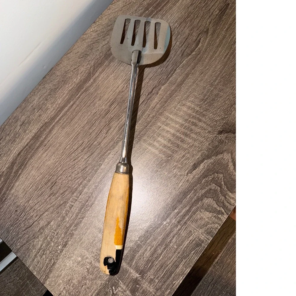 Vintage EKCO USA Slotted Spatula Wood Handle Stainless Steel Kitchen Flipper