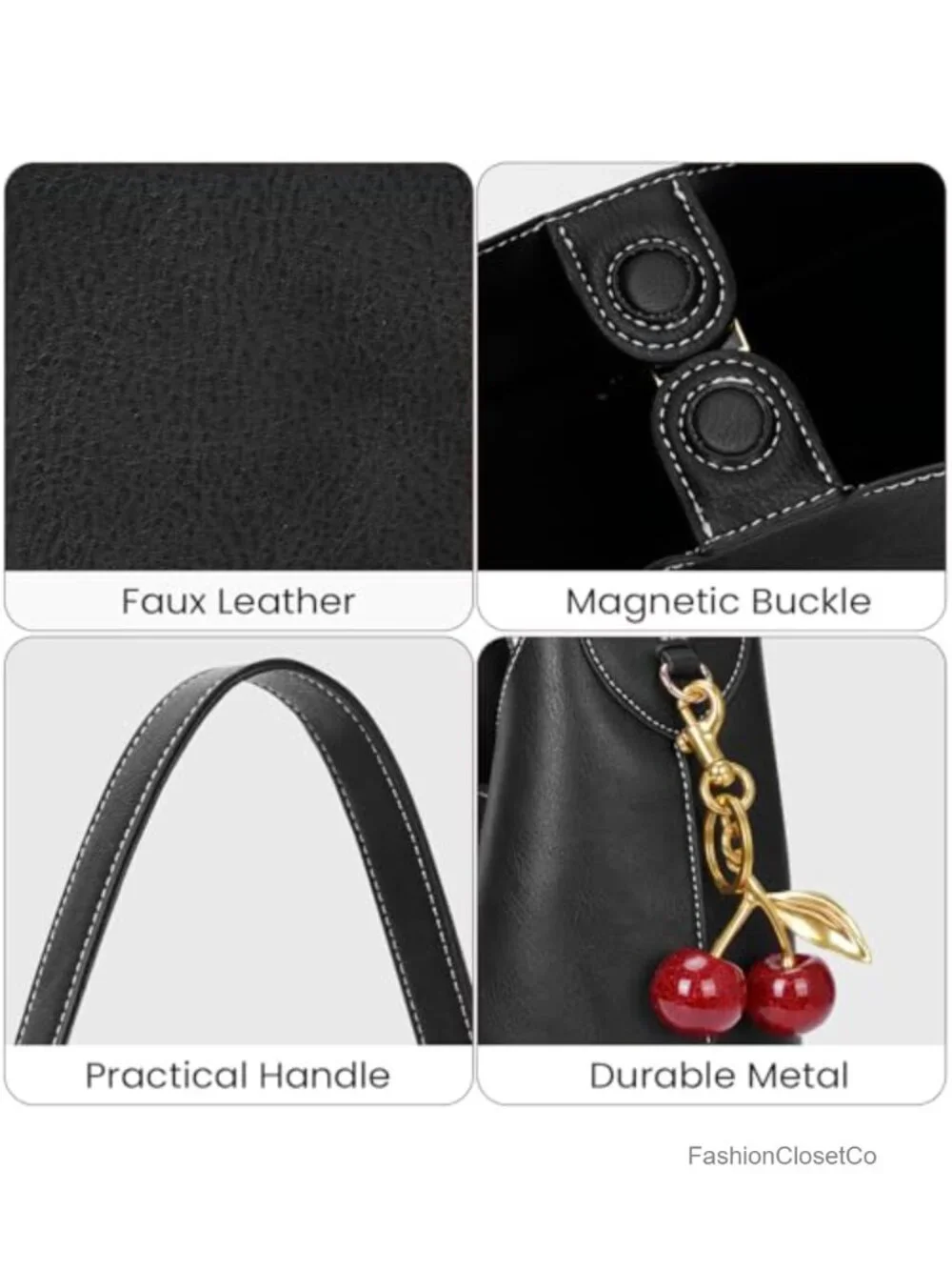 Faux Suede Vegan Leather Hobo Bag with Cherry Charm Slouchy Shoulder Tote