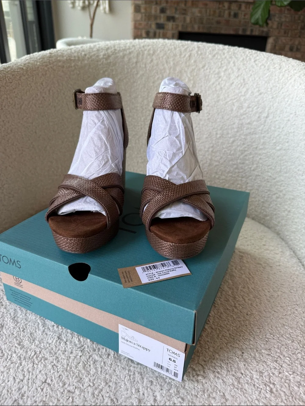 TOMS Majorca Ankle Strap Platform Sandal hot chocolate raffia size 6.5 NWT
