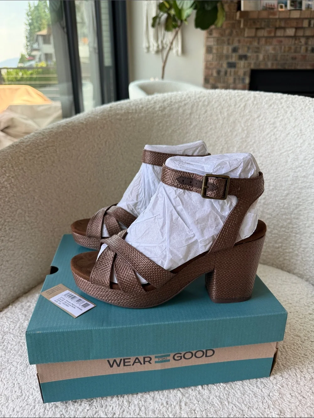TOMS Majorca Ankle Strap Platform Sandal hot chocolate raffia size 6.5 NWT