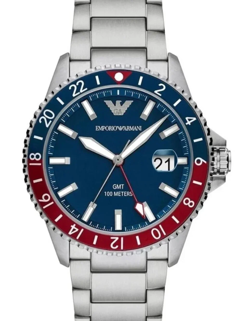Emporio Armani AR11590 Mens GMT Watch Blue Red Bezel Stainless Steel Bracelet