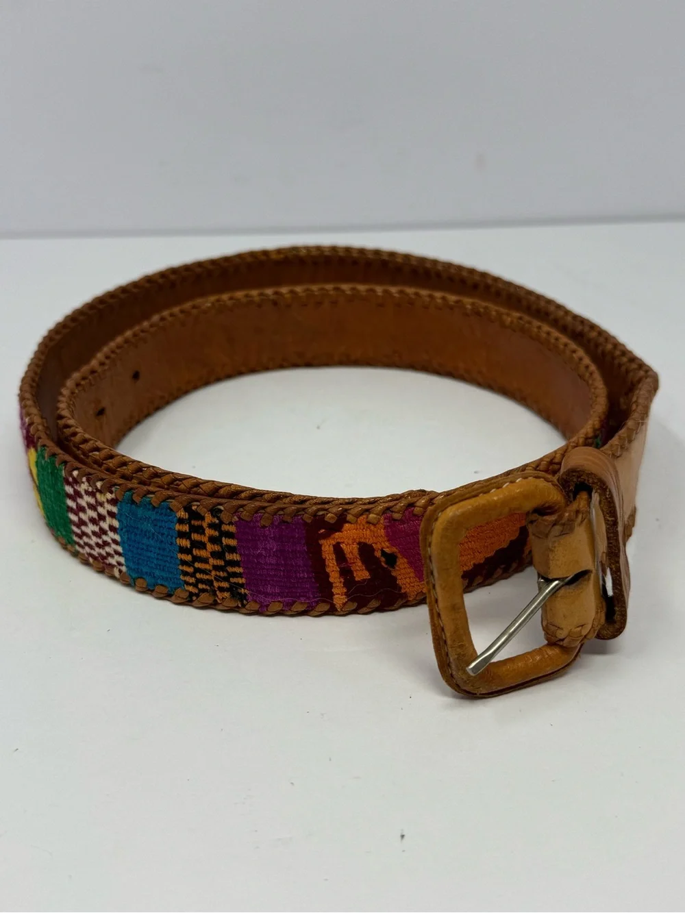 VTG Guatemalan Woven Leather Belt Mayan Figures Folk Art Aztec Size 36” to 42”