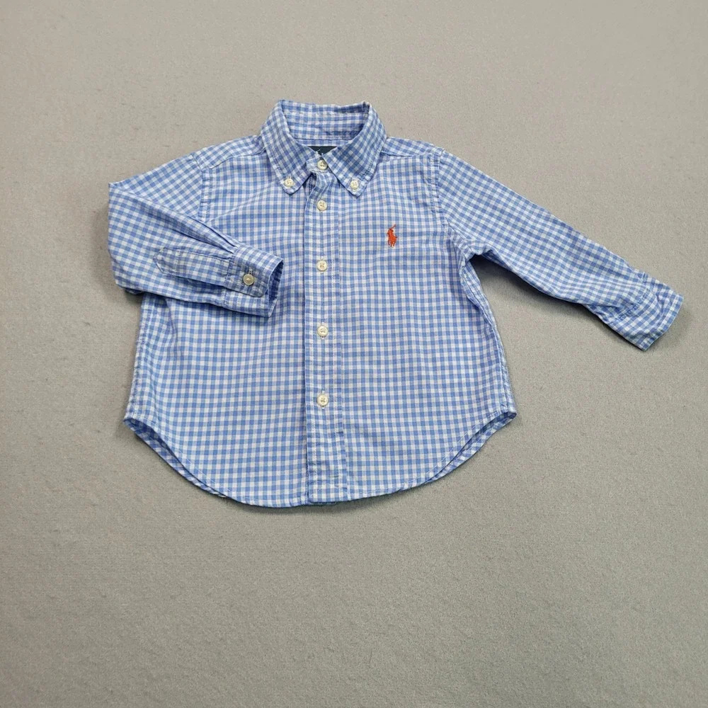 Ralph Lauren Boys Light Blue‎ Gingham Check Long Sleeve Button Down Shirt 12M