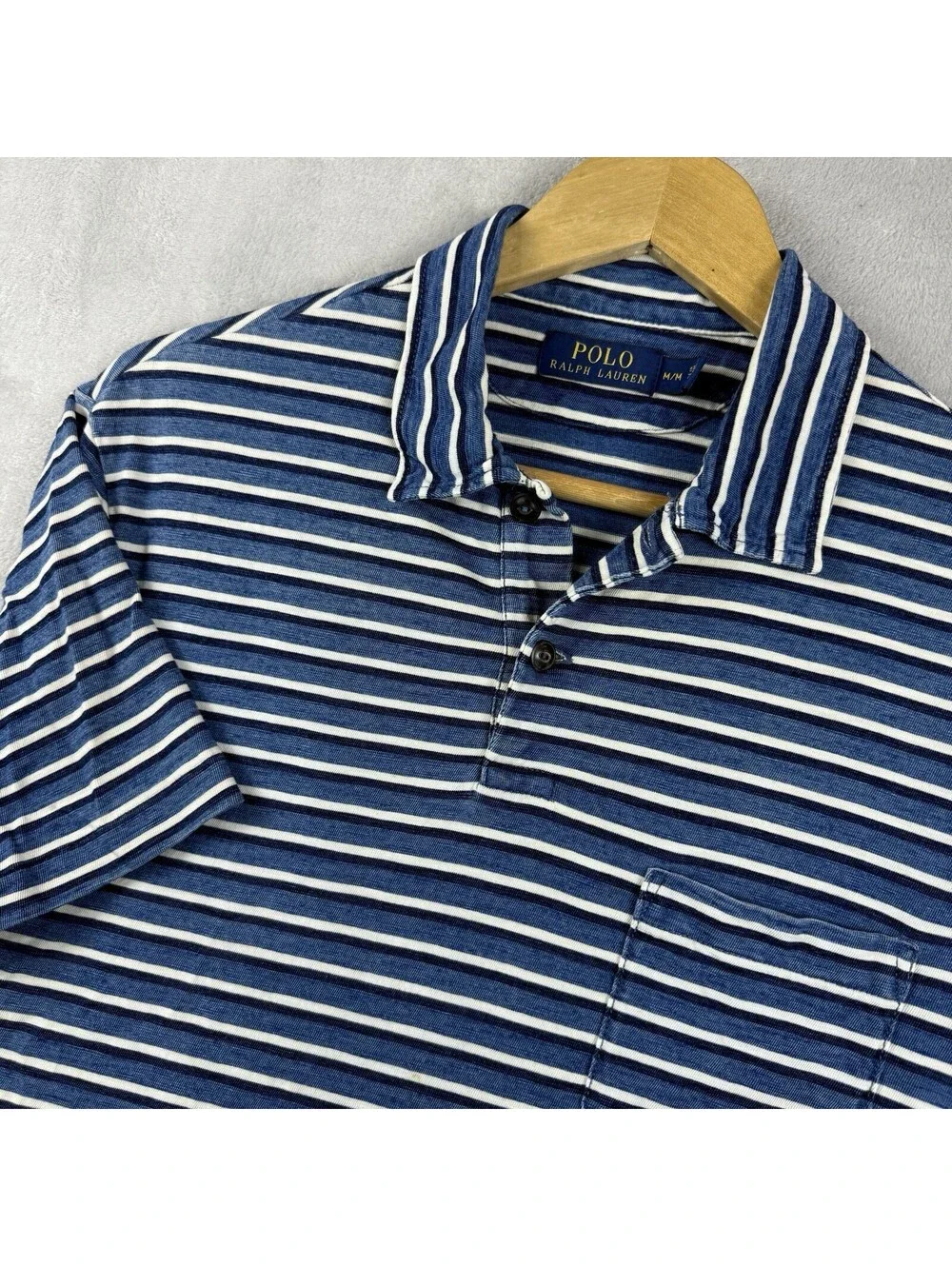 Polo Ralph Lauren Men’s M Blue White Striped Pocket Polo Shirt Cotton Nautical