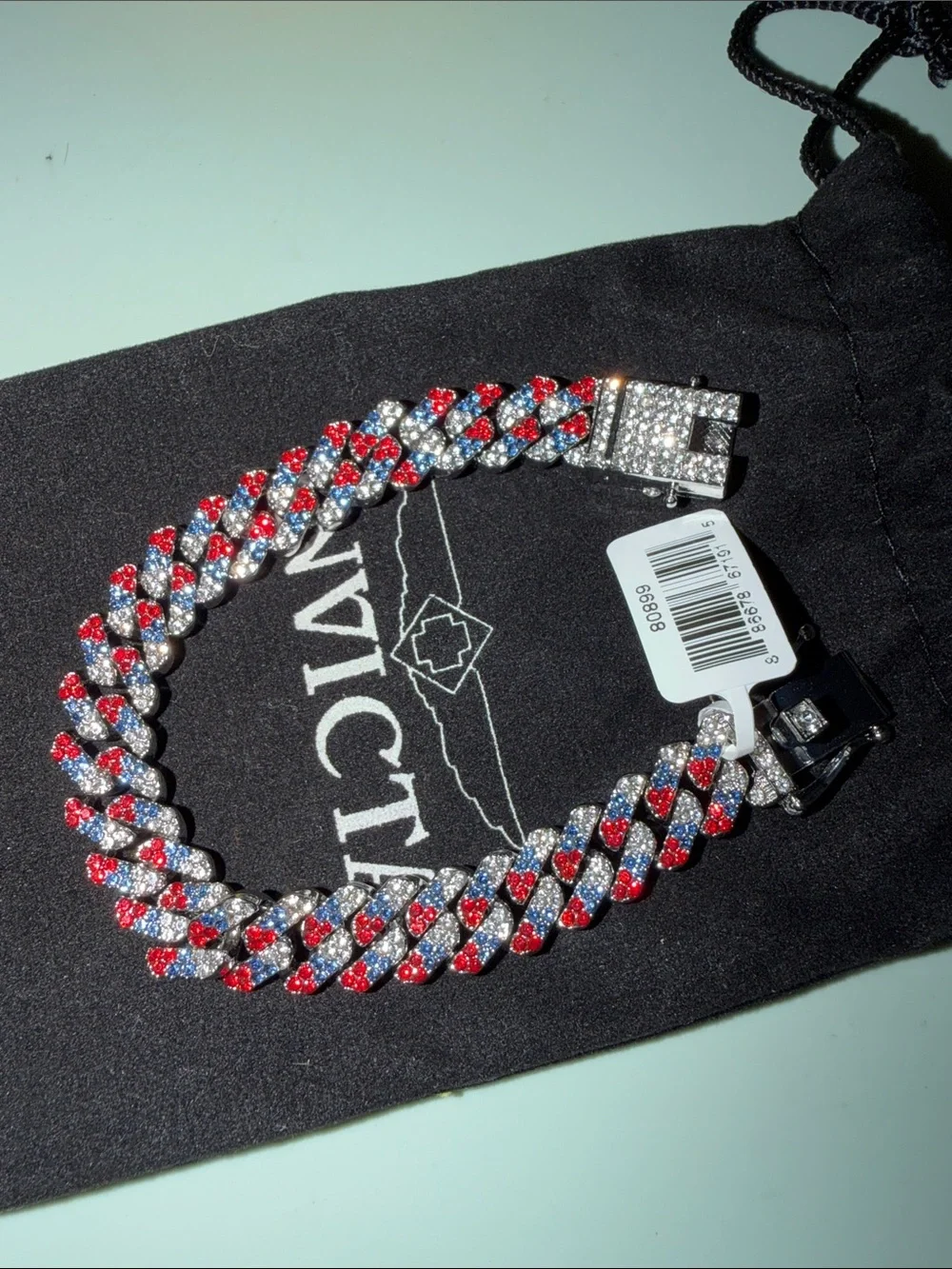 Invicta Red, Blue & Silver Crystal Cuban Link Bracelet with Dust Bag and Case