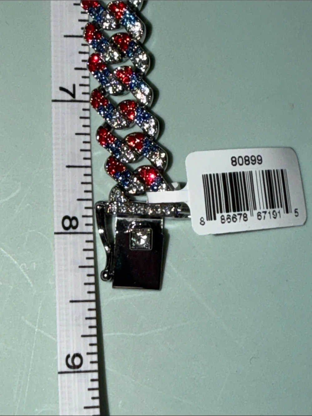 Invicta Red, Blue & Silver Crystal Cuban Link Bracelet with Dust Bag and Case