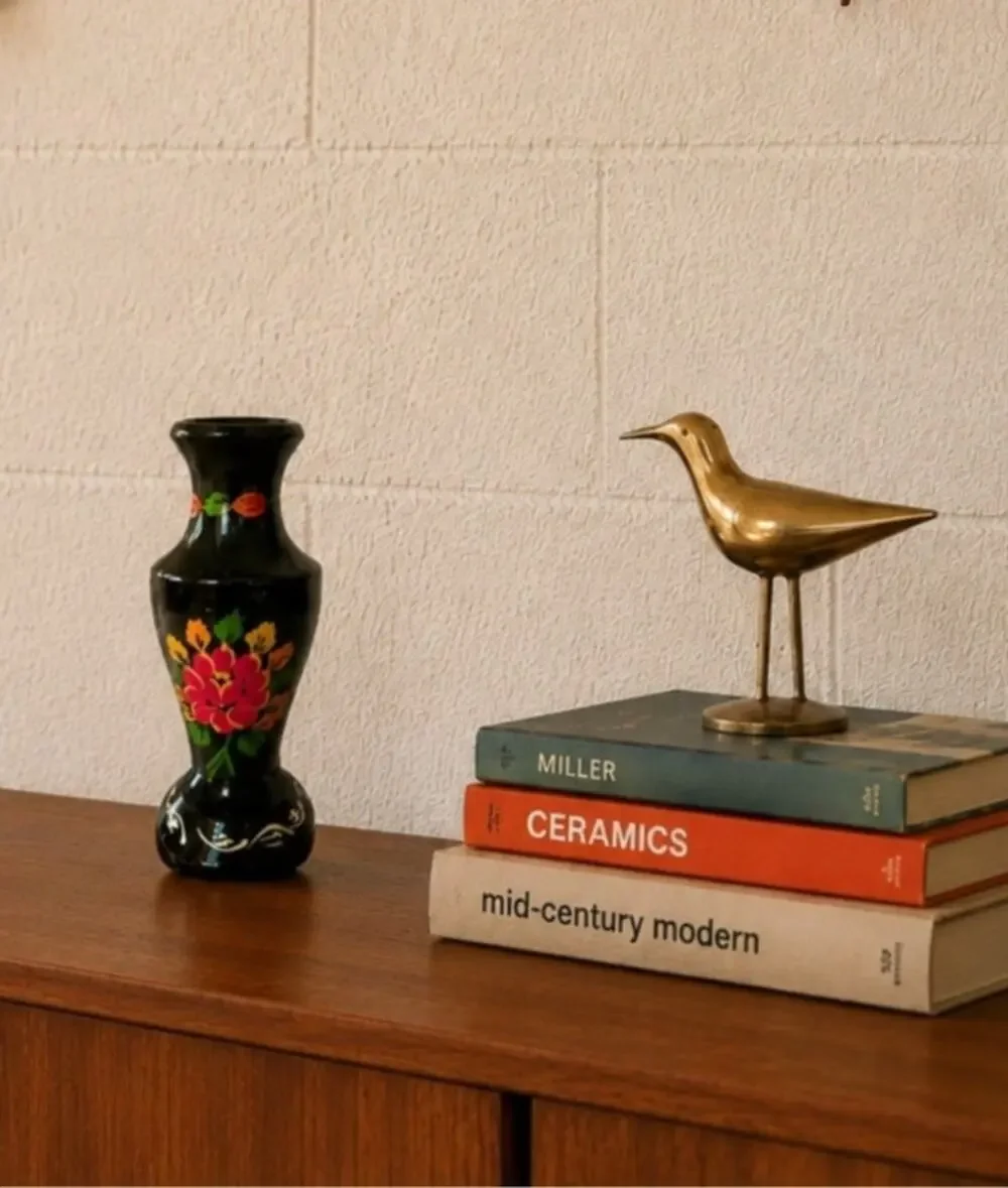 Vintage Wooden Vase Flowers Hand Painted Black Color Art Home Decor 8.5