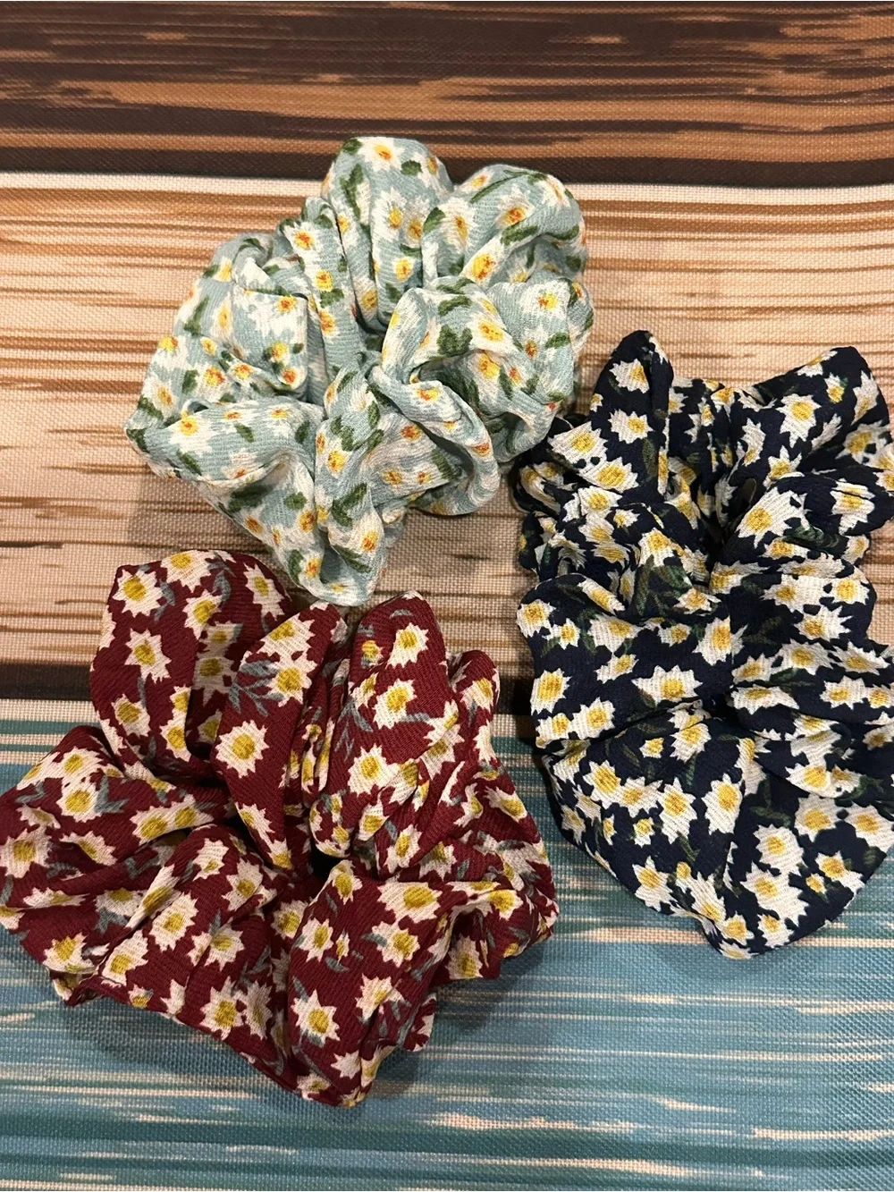 Floral Daisy Scrunchie Bundle hair ties  - Mint, Navy, Burgundy