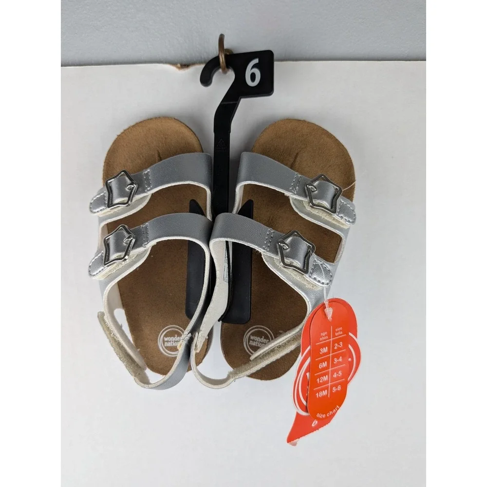 Wonder Nation Toddler Girls Silver Star Buckle Footbed Sandals Size 6 NWT