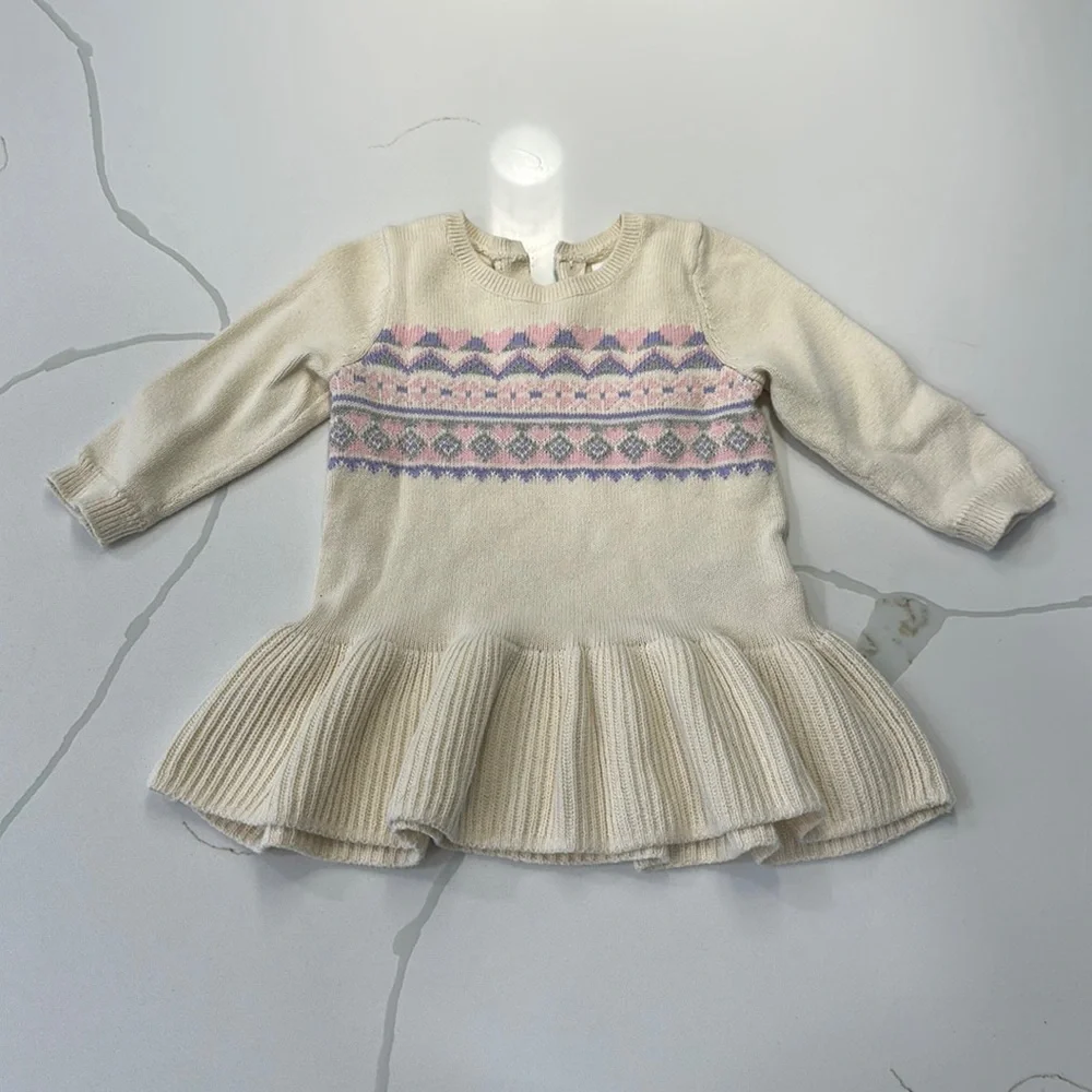 Gap baby 100% cotton sweater dress fair isle cream pink purple size 6-12 months
