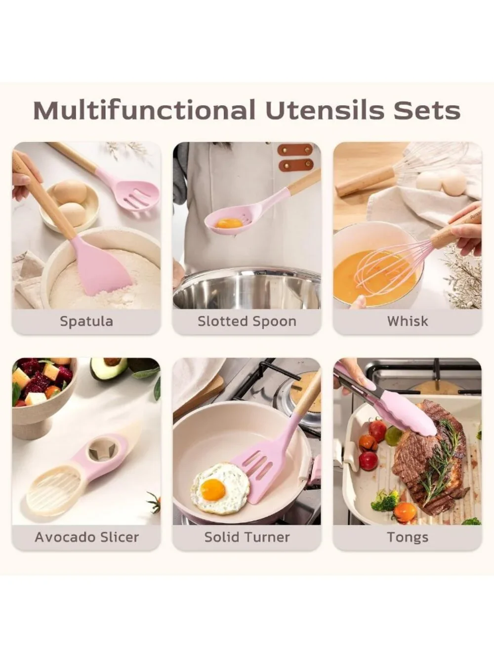 39 PCS Silicone Cooking Utensils Set with Wooden Handles, Heat Resistant & BPA