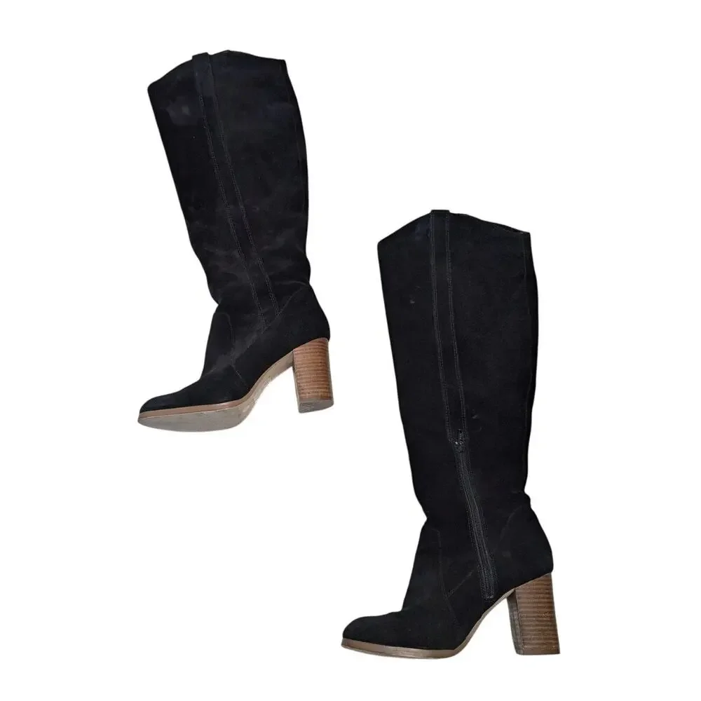 Sole Society Benedict Black Suede Knee High Boots Heeled Western Womens 8.5