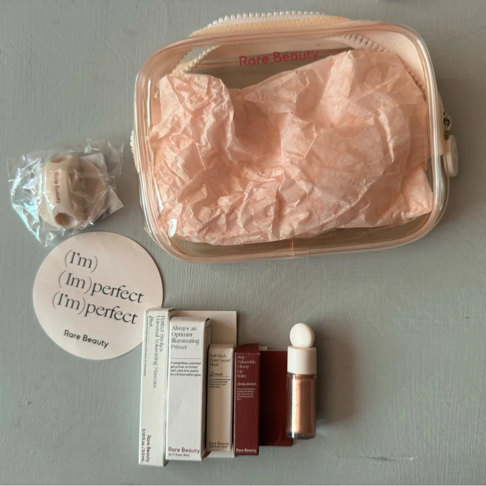 NEW RARE Beauty by Selena Gomez Clear Makeup Bag and Mini Deluxe Lip Samples
