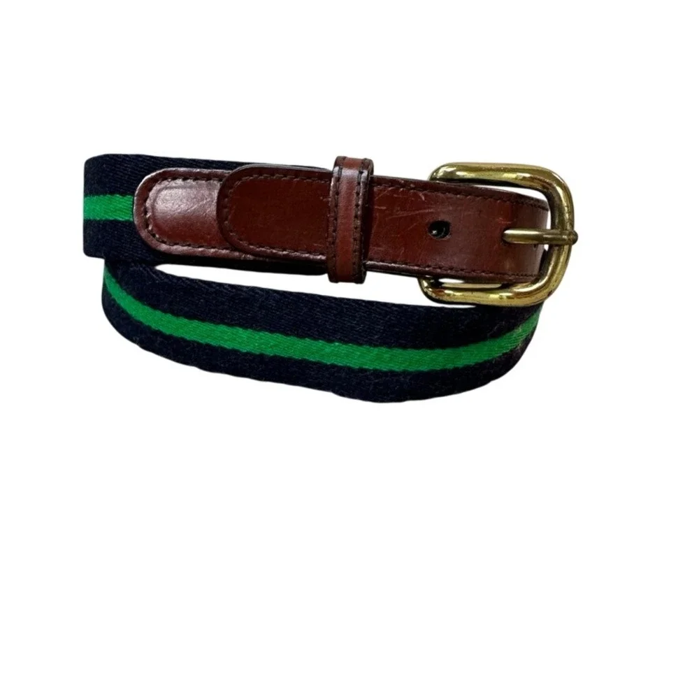 Canterbury Men Navy Green Striped Wool Leather Surcingle Belt Brass Buckle 34