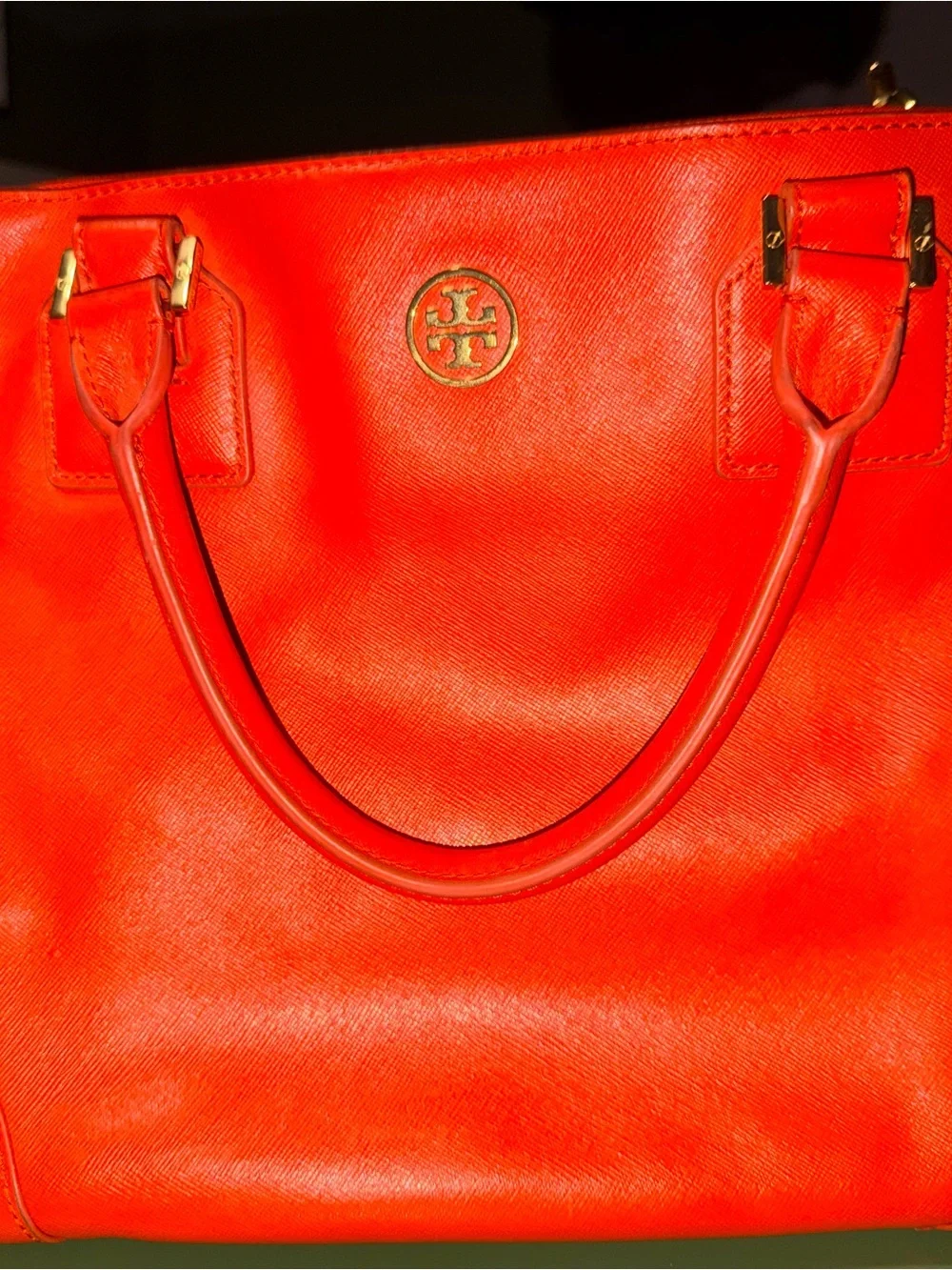Tory Burch Orange Robinson Double Zip Top Handle Tote with Gold Logo