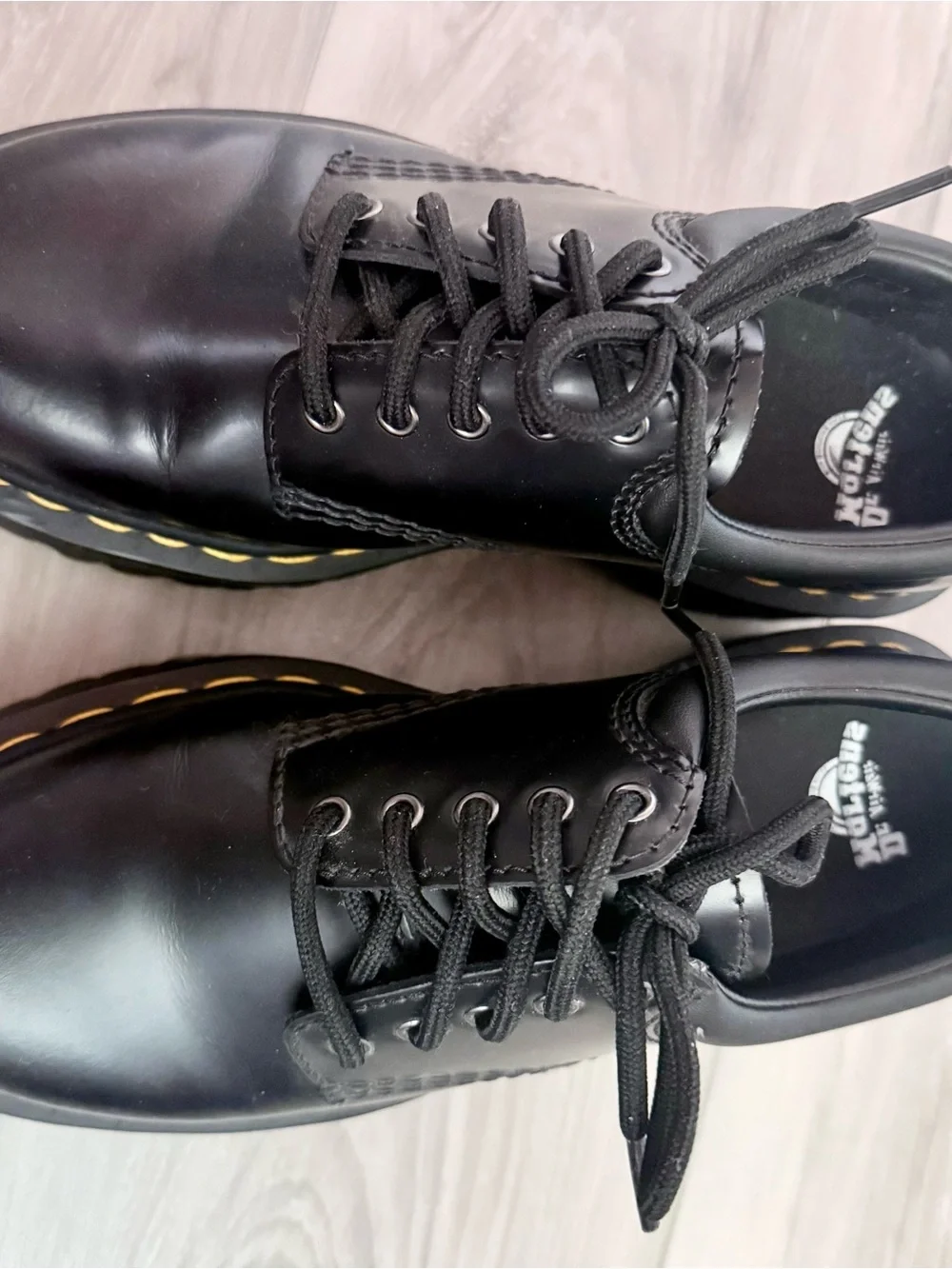 1461 Dr. Martens Platform Black Leather Oxfords with Yellow Stitching
