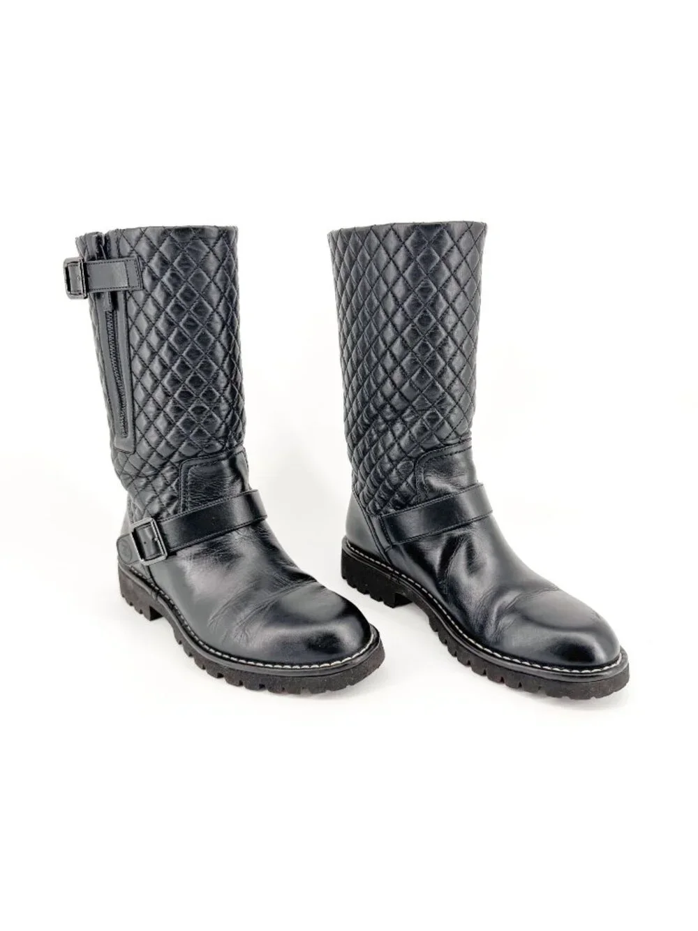 Chanel Quilted Moto Boots EU 37.5 US 6.5-7 Black Leather CC Biker Riding Calf