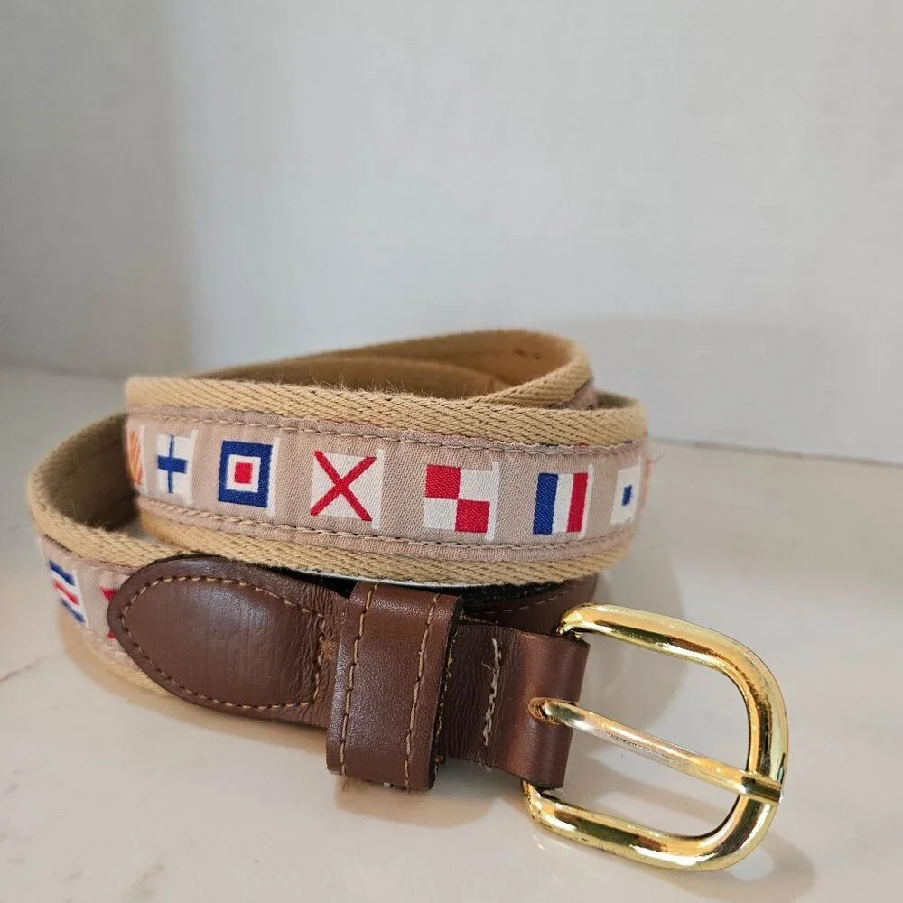 Nautical‎ Flag Pattern Fabric Belt  Leather Accents Gold Buckle 45